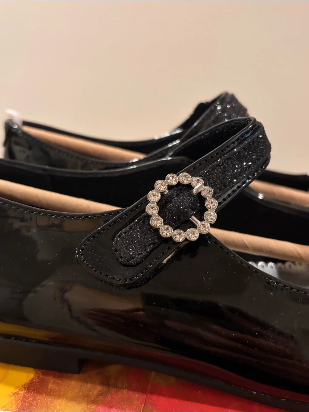 Rachel Shoes black patent leather Mary Jane flats with rhinestone buckle